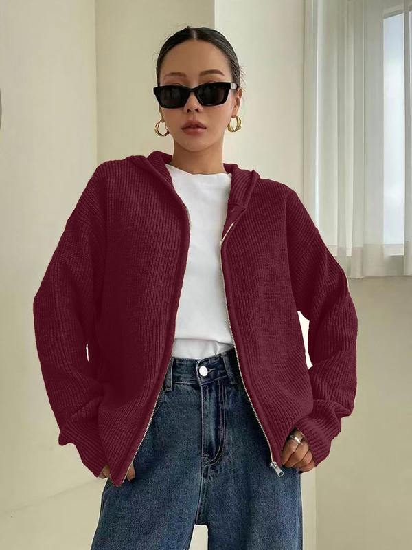 Cardigan à capuche zippé de couleur unie pour femme, en tricot décontracté à manches longues pour l'automne et l'hiver, vêtement en maille tendance pour femme pour le quotidien