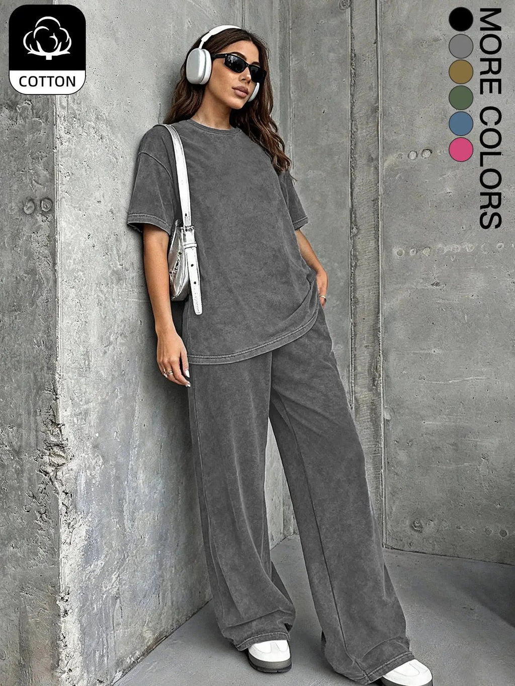 Women's Casual Loose Fit Acid Washed Cotton Short Sleeve T-Shirt and Long Pants Two-Piece Set, All Seasons, Plain Style