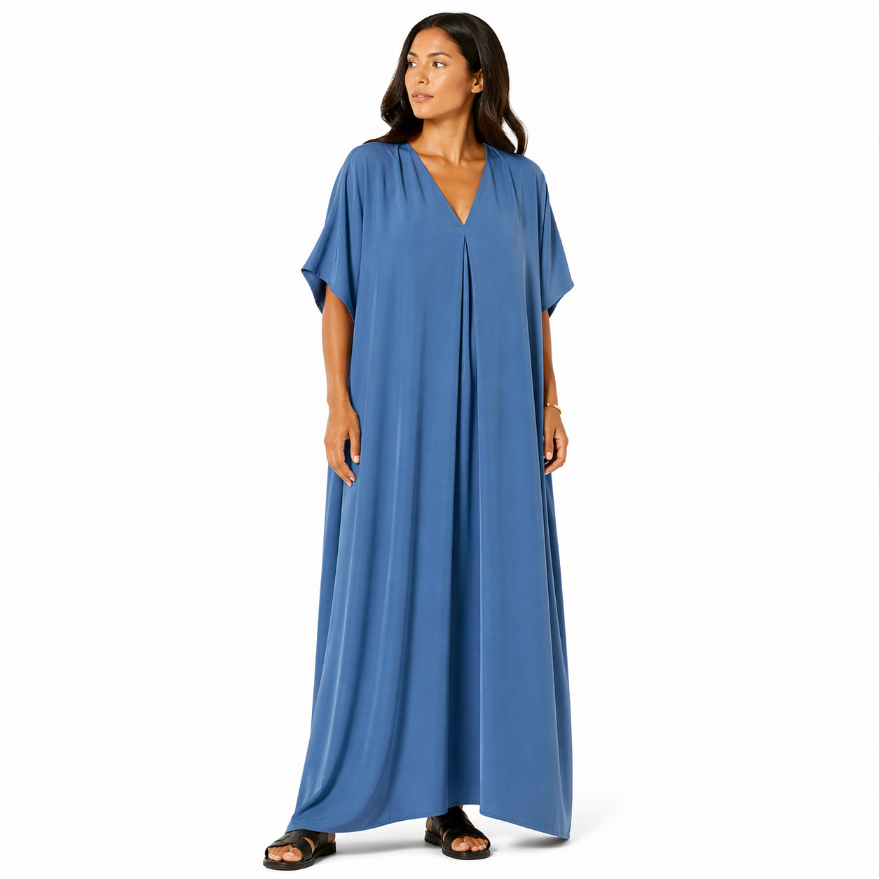 Robe longue, ample et fluide à col en V pour femme – chic et confortable pour l'été.