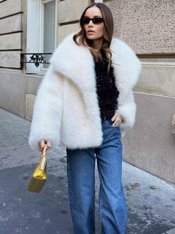 Veste en fausse fourrure unie pour femme, manteau décontracté à col et manches longues pour l'automne et l'hiver, vêtements quotidiens pour femme, hauts mignons