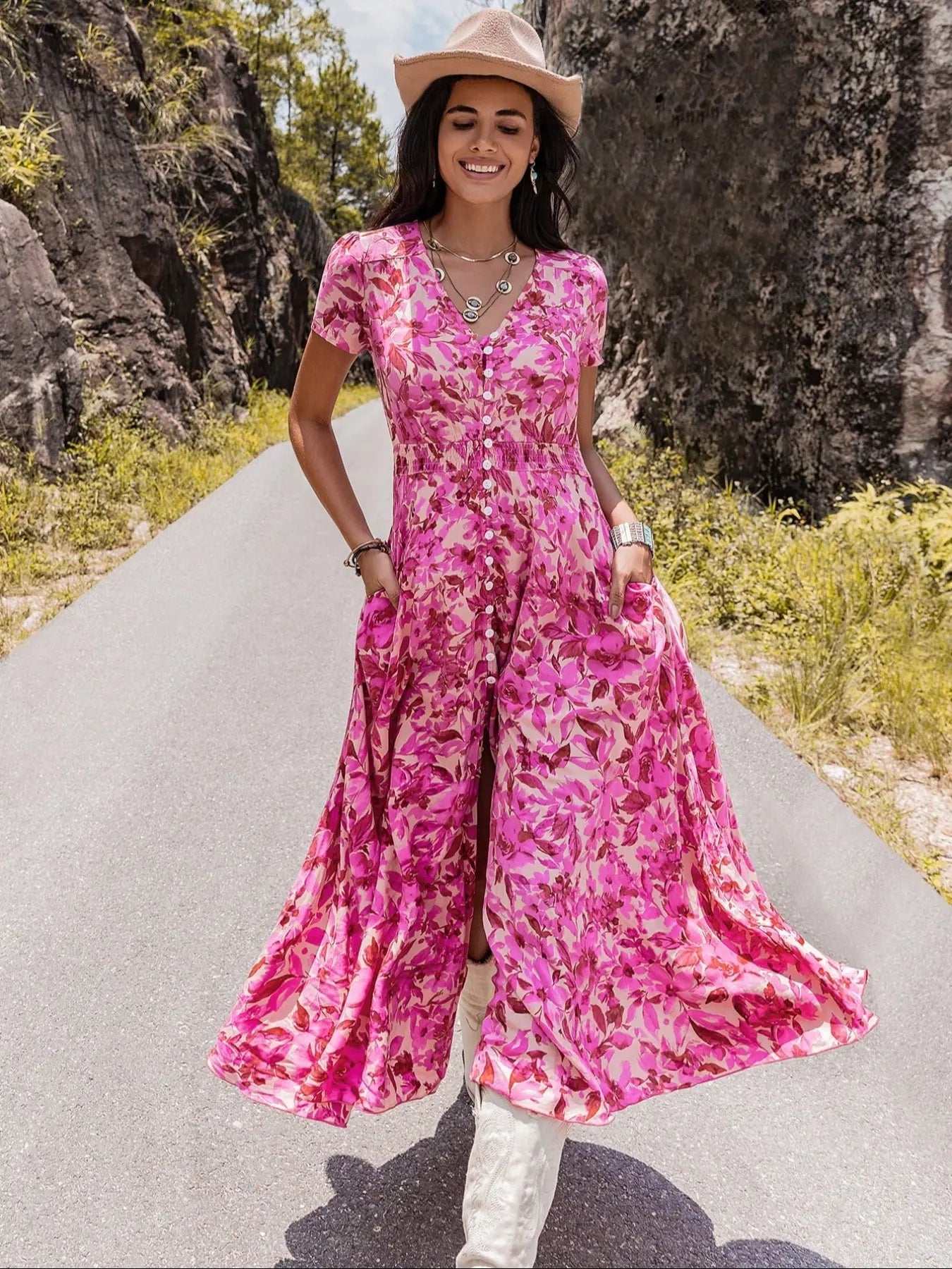 Robe Bohemienne Femme à Imprimé Floral avec Boutons, Robe Décontractée à Manches Courtes et Col en V avec Poches, Robe Bohème Chic pour Vacances d'Été à la Plage