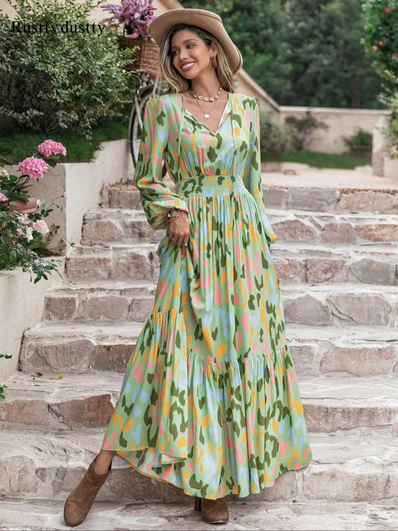 Robe longue tissée à manches longues pour femme style bohème, imprimé cachemire, taille ajustée, confortable, décontractée et élégante pour toutes les saisons, parfaite pour la plage
