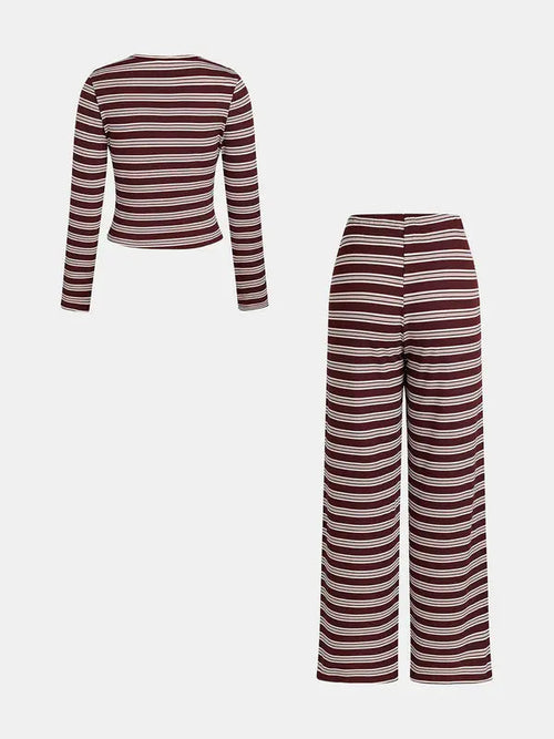Ensemble top manches longues rayé colorblock décontracté et pantalon coupe ample pour femme, parfait pour les vacances, les trajets quotidiens, le quotidien.