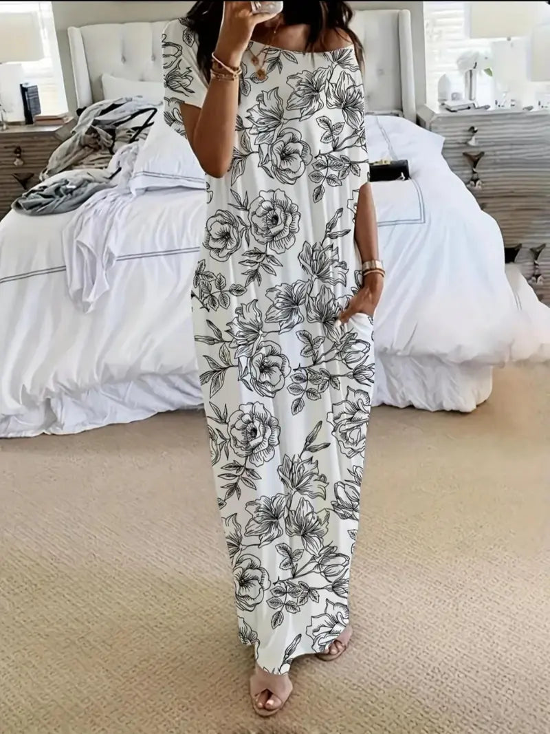 Robe de détente unie à manches chauve-souris pour femme, chemise de nuit décontractée et confortable à manches courtes pour le quotidien, vêtement de nuit pour femme pour toutes les saisons