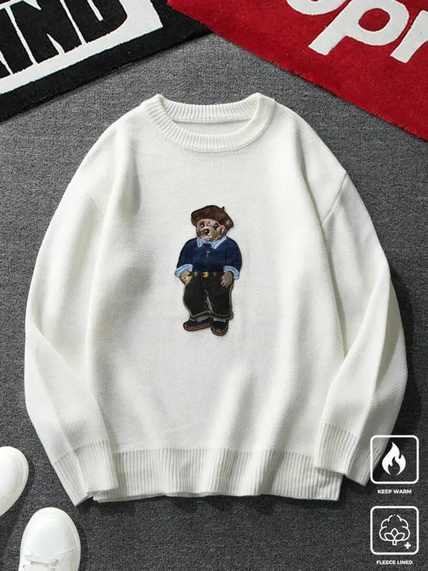 Pull ras du cou unisexe imprimé ours de dessin animé, pull décontracté ample à manches longues pour l'automne et l'hiver, tricot tendance pour femme pour un usage quotidien