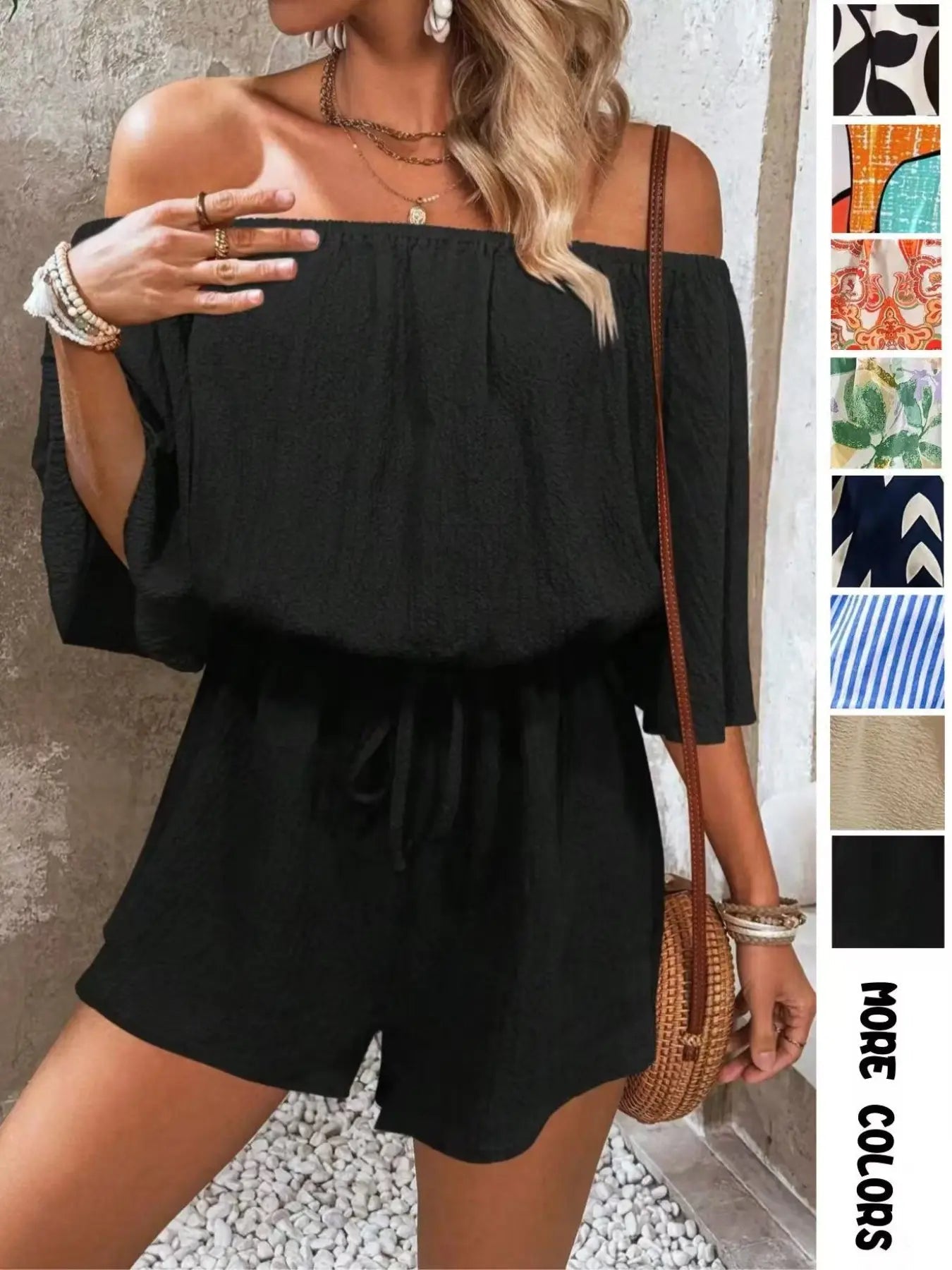 Combishort Femme à Imprimé Feuillage Épaules Dénudées et Nœud sur le Devant, Combinaison Décontractée à Manches Volantes pour l'Été, Vêtements de Mode pour Femme pour Vacances à la Plage