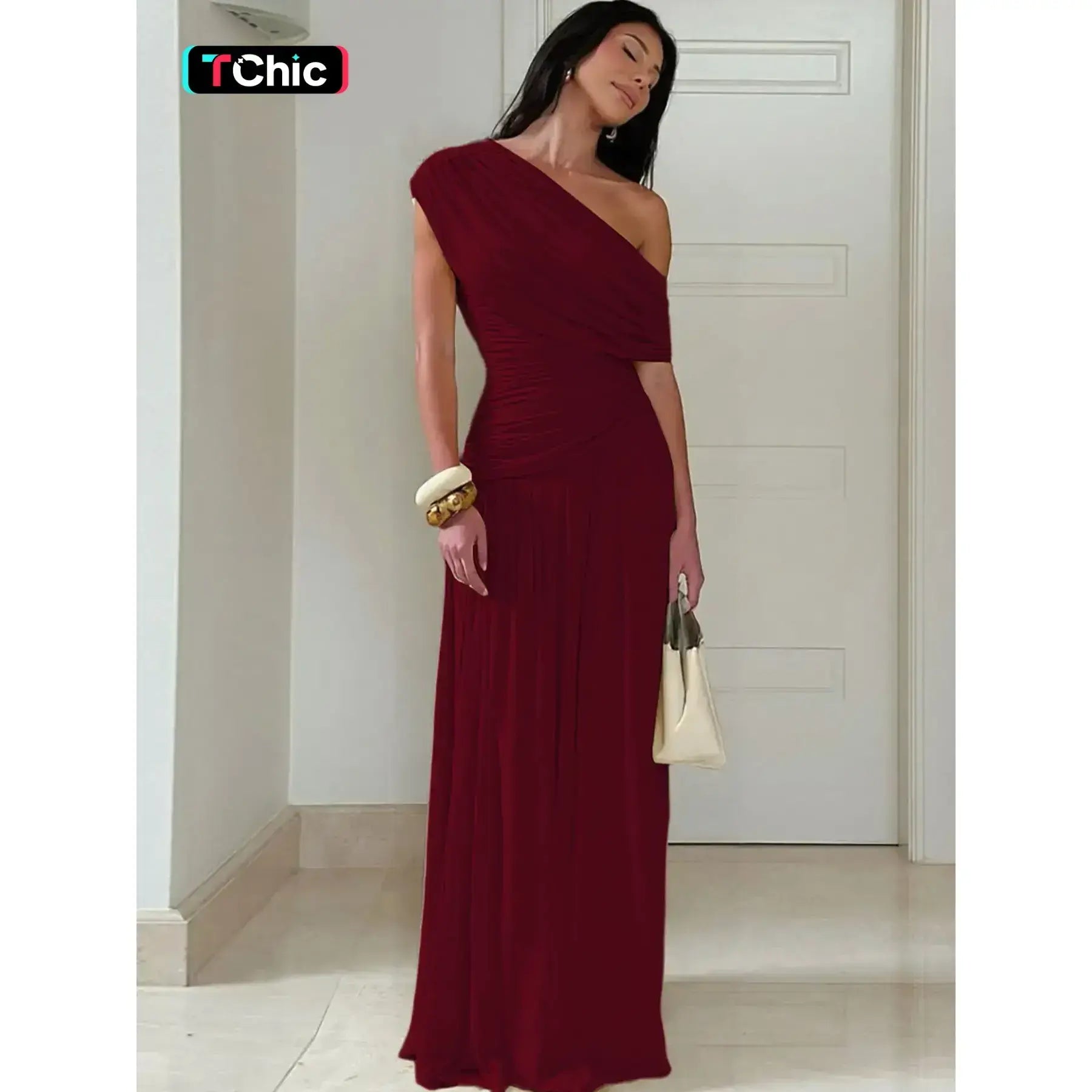 Robe unie drapée pour femme, robe de soirée élégante, vêtements d'été pour femmes, robe asymétrique drapée