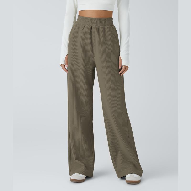 Pantalon décontracté en velours côtelé, coupe droite, taille haute, avec poches latérales