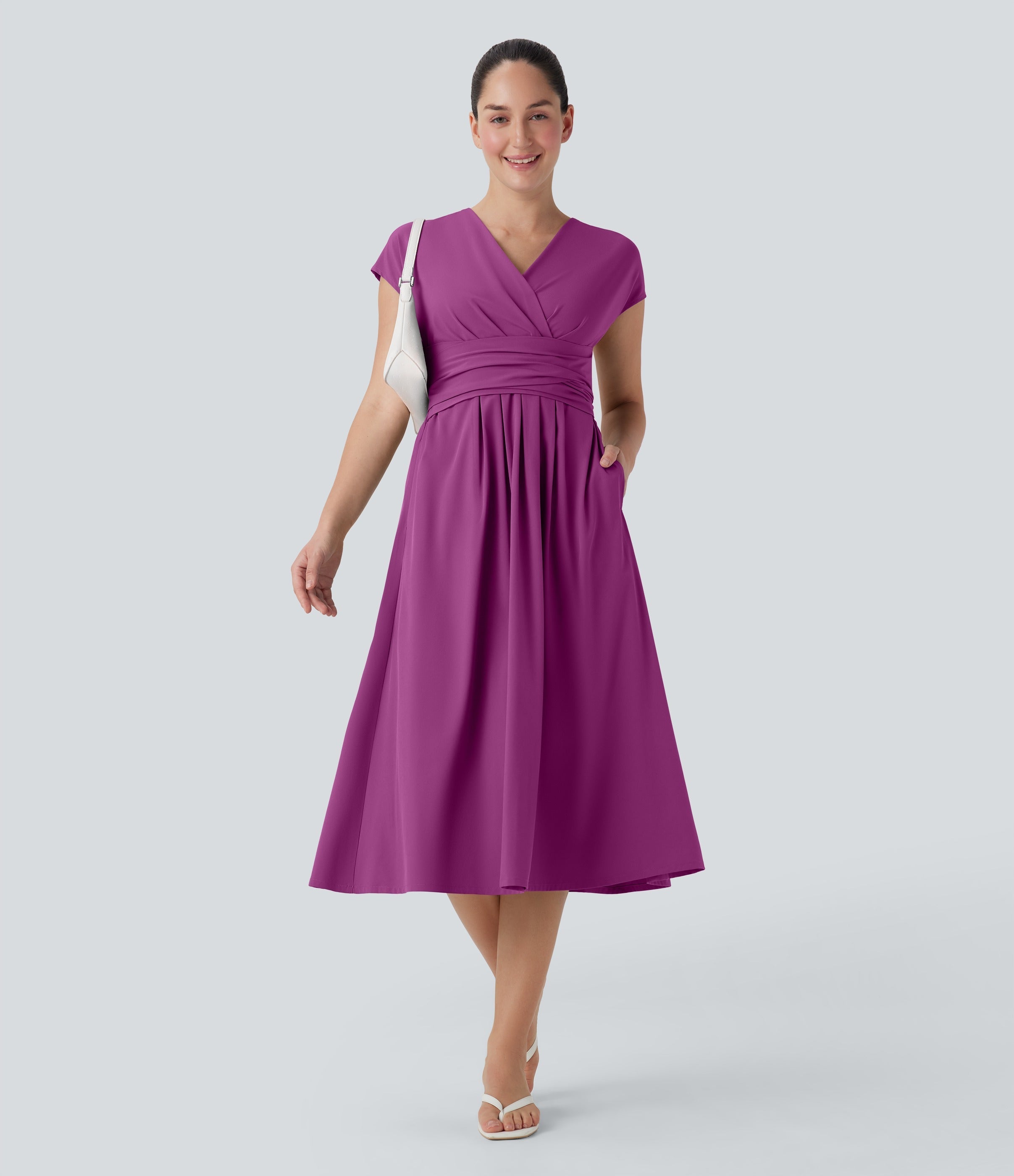 Robe midi décontractée, col en V, manches courtes, poches latérales, dos noué, séchage rapide