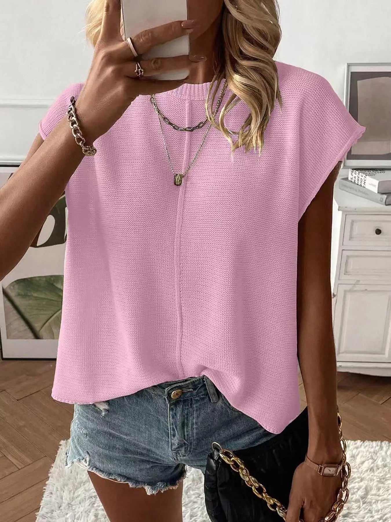 Gilet pull femme de couleur unie, haut tricoté décontracté à col rond pour l'été, tricot femme tendance pour le quotidien