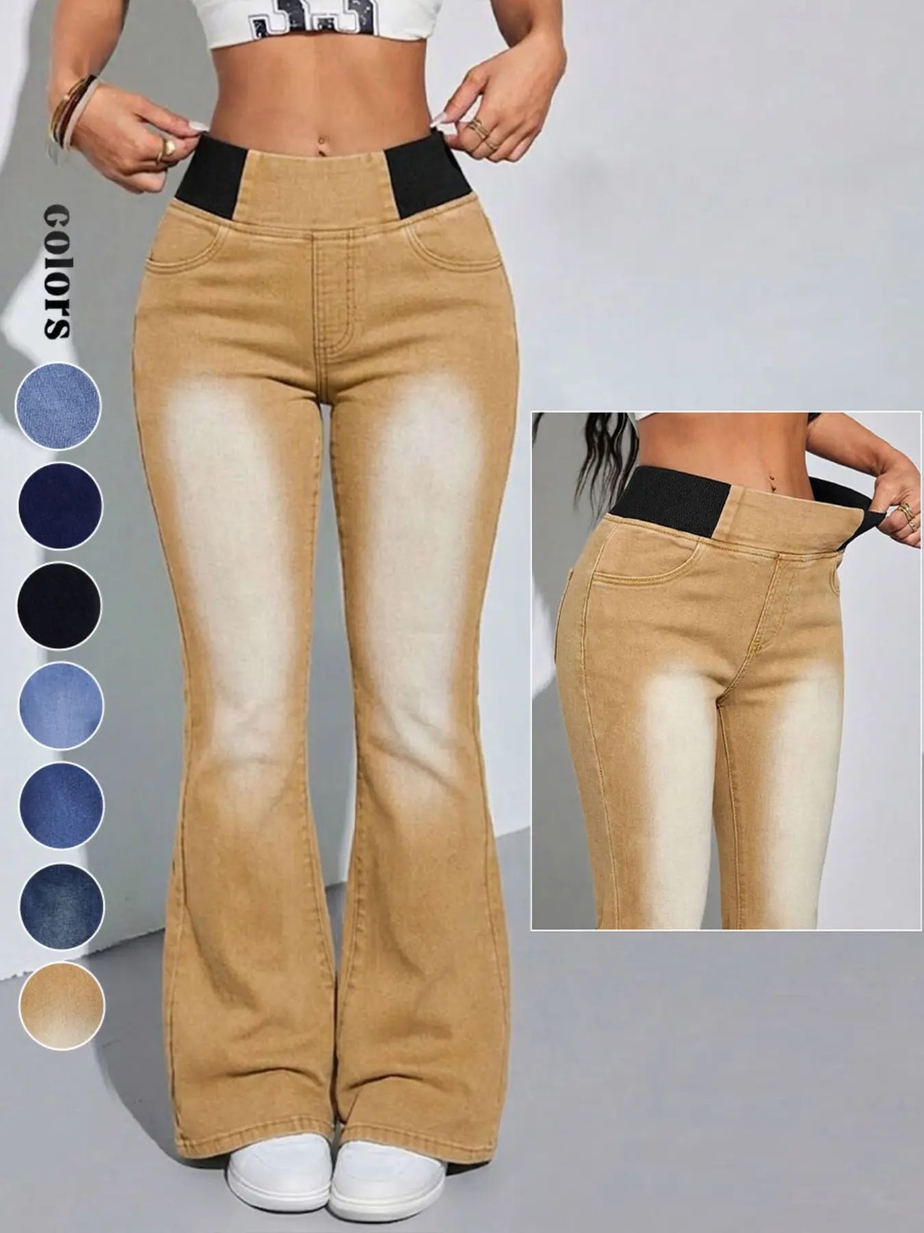 Jeans évasés Y2K 2026 pour femmes, taille élastique mi-haute, avec poches, délavage bleu clair, jeans pattes d'éléphant jambes larges pour femmes, taille ajustée