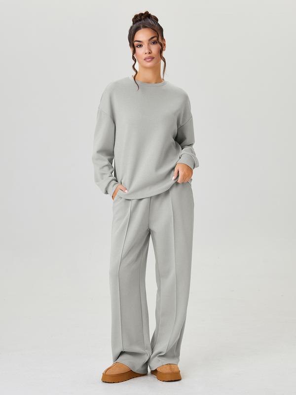 Ensemble décontracté femme, haut ample uni à manches longues et pantalon à surpiqûres apparentes