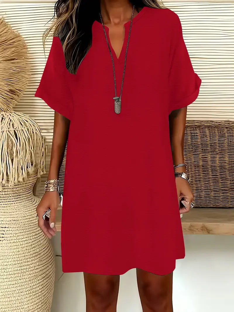 Robe midi unie à encolure crantée et manches courtes pour femme, robe trapèze décontractée chic à épaules tombantes pour l'été, robe confortable et élégante