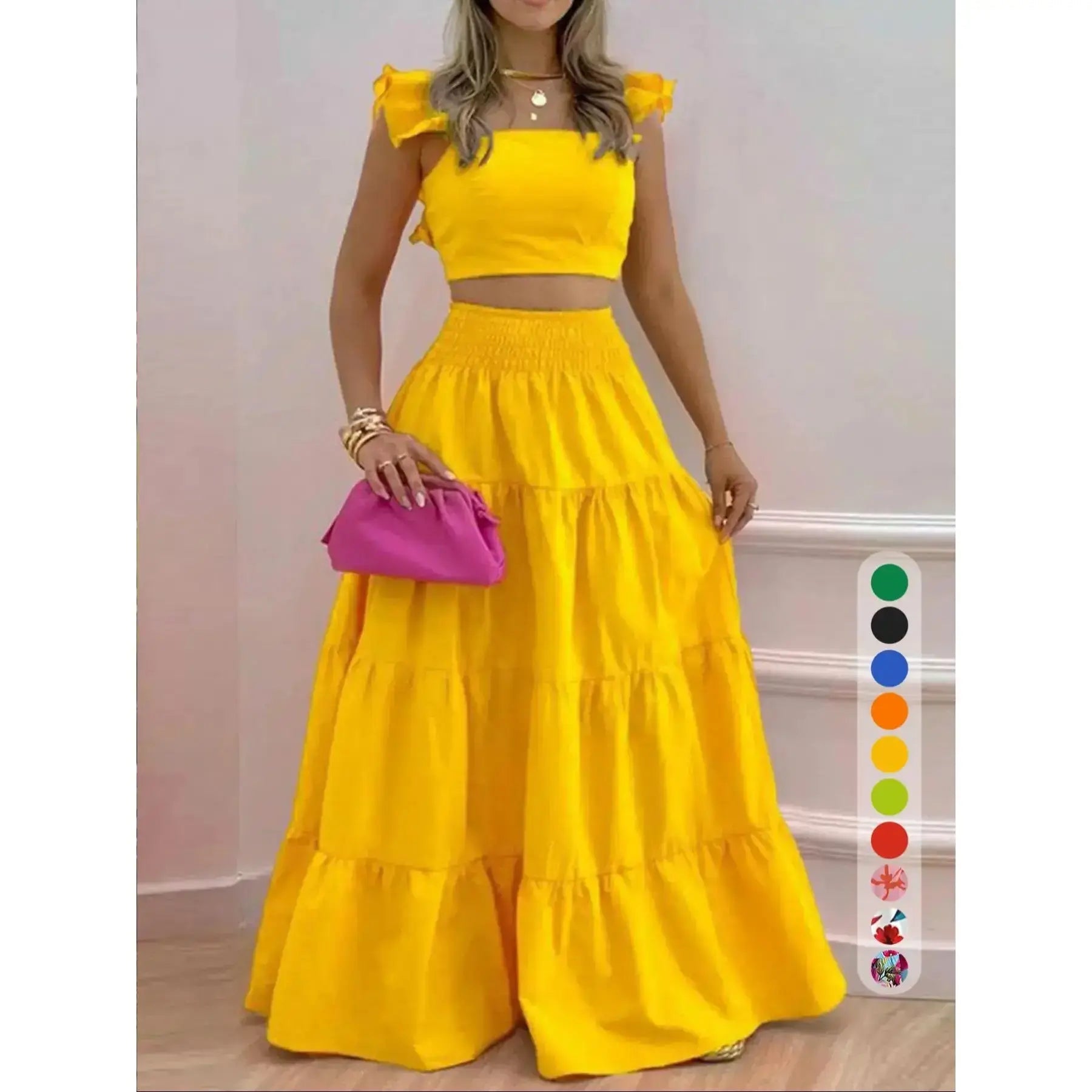 Ensemble deux pièces jupe longue et haut froncé couleur unie / imprimé floral pour femme, tenue décontractée bohème haut et jupe pour les vacances quotidiennes, pour femmes, pour l'été