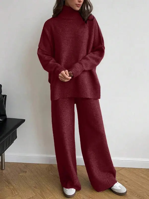 Ensemble 2 pièces pull et pantalon femme - Automne/Hiver - Col roulé, manches longues, épaules tombantes, couleur unie