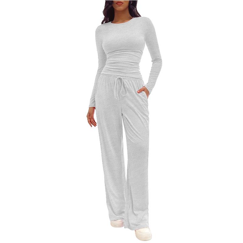 Ensemble de détente femme uni, froncé et à cordon de serrage, haut décontracté à manches longues et col rond et pantalon large à poches, pyjama femme pour toutes les saisons