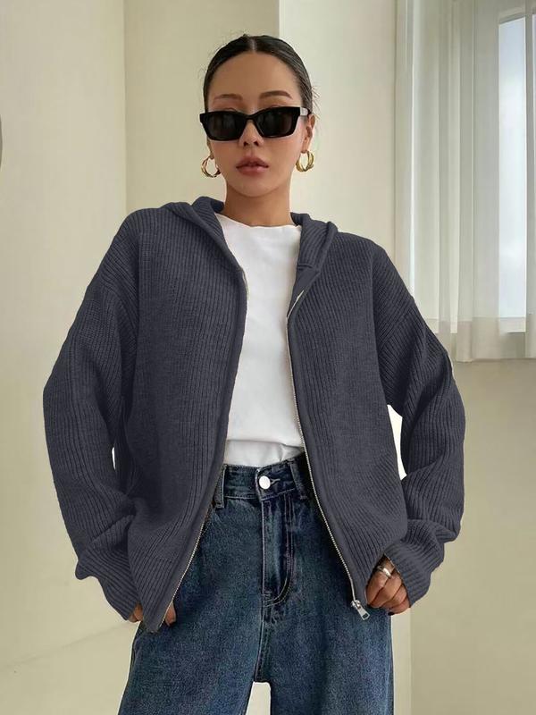 Cardigan à capuche zippé de couleur unie pour femme, en tricot décontracté à manches longues pour l'automne et l'hiver, vêtement en maille tendance pour femme pour le quotidien
