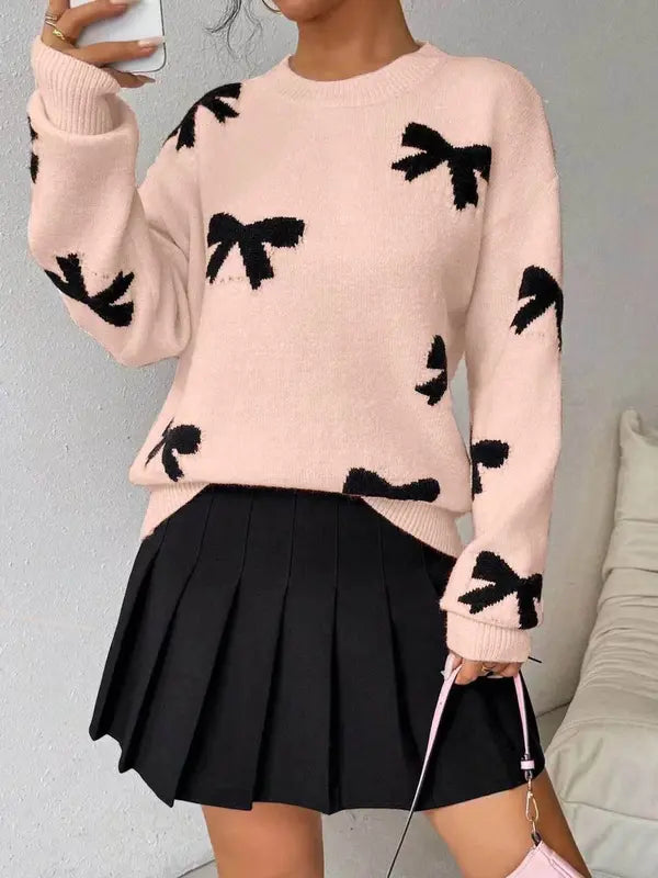 Pull décontracté tricoté lâche imprimé nœud papillon à la mode, pull femme automne/hiver, nouveau pull tricoté à col rond et manches longues
