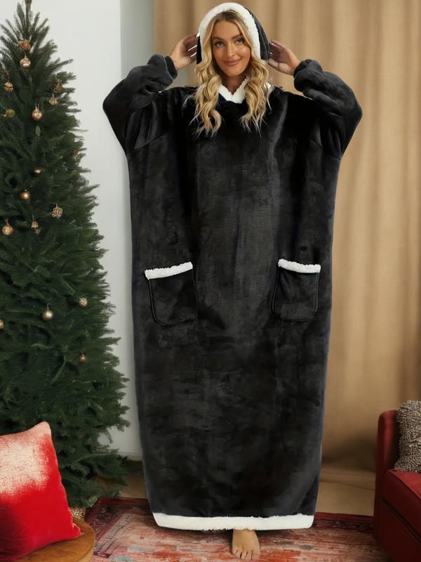 Robe longue à capuche en flanelle de coton mélangé automne-hiver, motif Noël, vêtement d'intérieur doux et confortable avec poche verticale, style uni décontracté