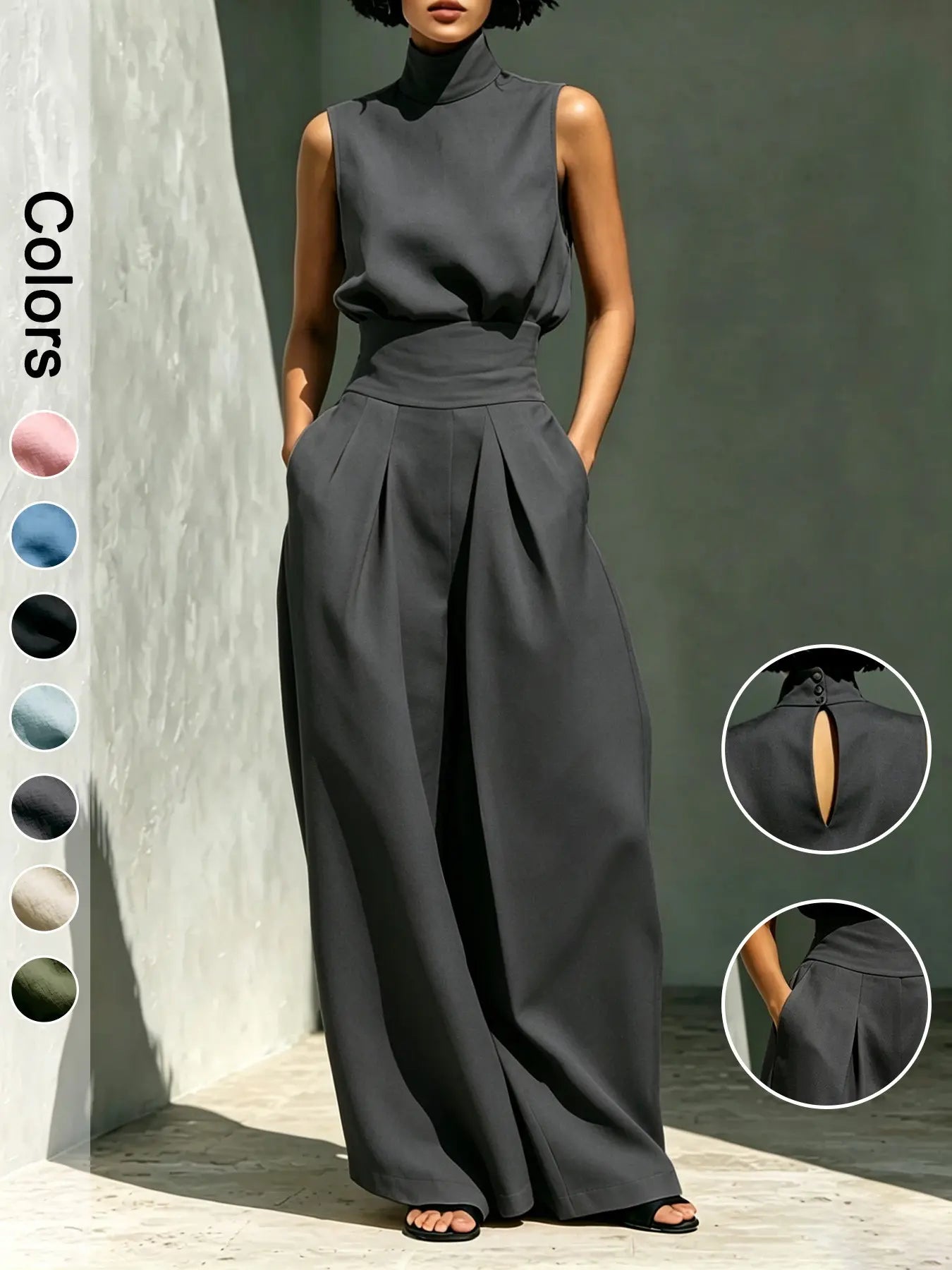 Ensemble deux pièces pour femme, haut sans manches à col montant et pantalon long, ensemble élégant avec pantalon large taille haute, tenue tendance pour femme