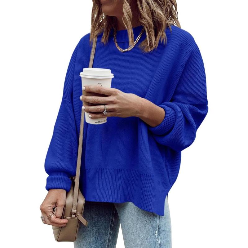 Pull Tunique Oversize Femme, Ample, Manches Longues, Tricot Côtelé, Fentes Latérales