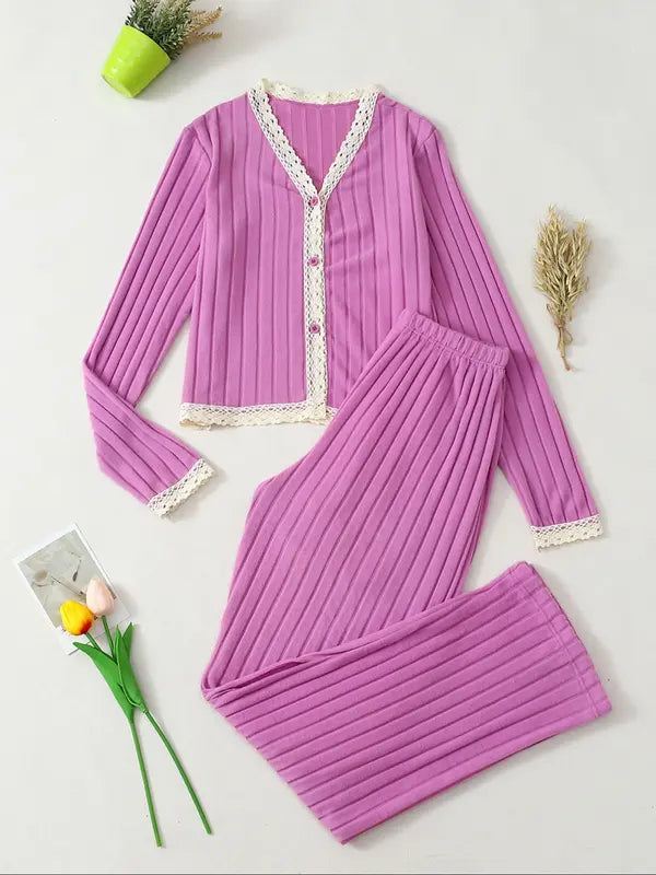 Ensemble de Pyjama Col V Manches Longues Femme, Vêtements de Nuit Ajustés Décontractés pour Toutes les Saisons, Tenue d'Intérieur Élégante, Nouveauté 2 Pièces