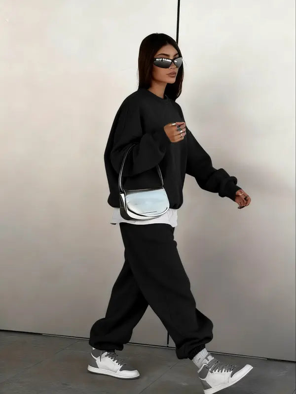 Ensemble deux pièces femme : Sweat-shirt col rond et pantalon de jogging ample, style décontracté sportif urbain hip-hop, mode automne et hiver