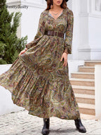 Women's Boho Style Long Sleeve Woven Paisley Print Dress, Fitted Waist Design, Comfortable, Casual & Stylish for All Seasons, Perfect for Beach