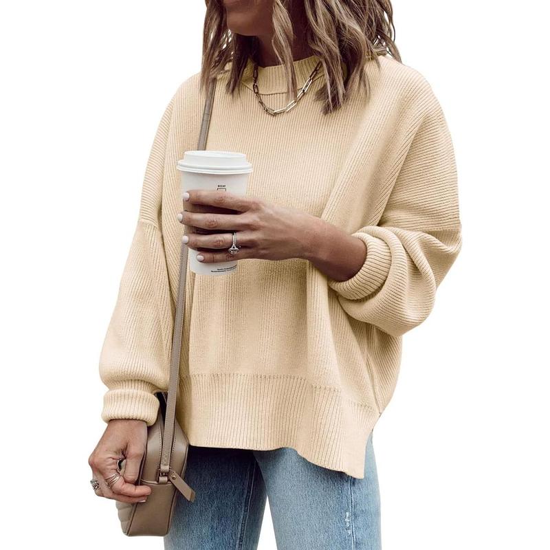 Pull Tunique Oversize Femme, Ample, Manches Longues, Tricot Côtelé, Fentes Latérales
