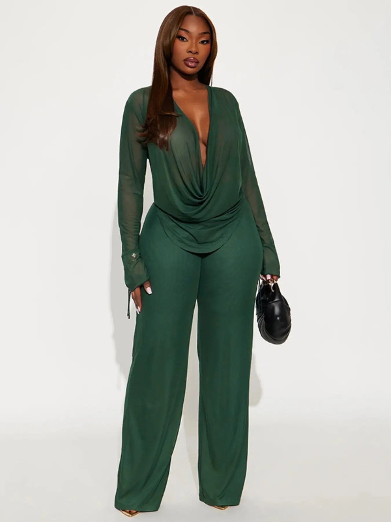 Ensemble Blouse Col V Plongeant Femme, Top Court Manches Longues & Pantalon Taille Haute, Design Uni Sexy, Mode Automne Hiver