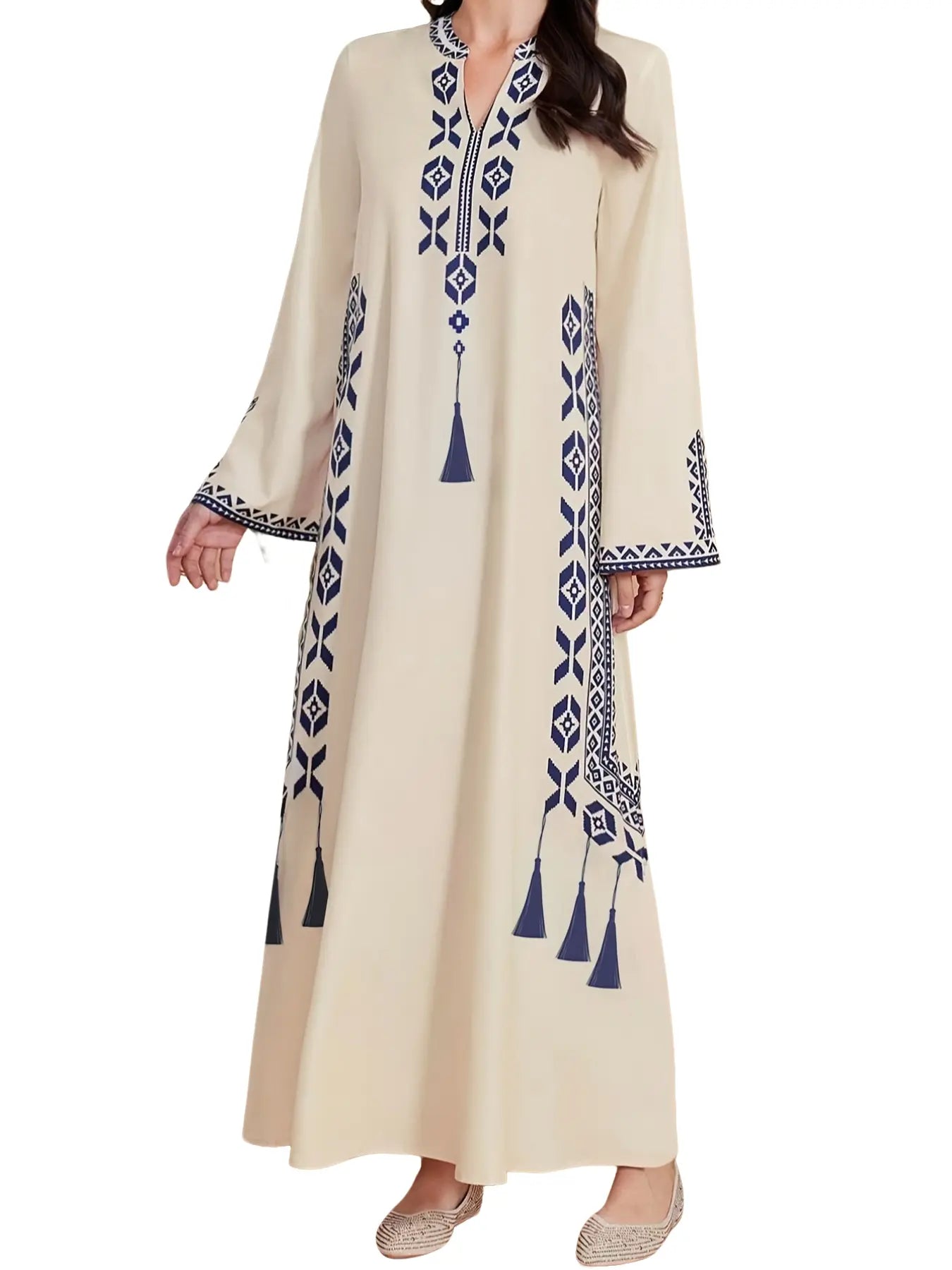 Robe femme imprimée numérique, style moyen-oriental, tissu tissé, manches longues, coupe trapèze, ajustée, décontractée et tendance pour le printemps et l'automne, prêt-à-porter féminin