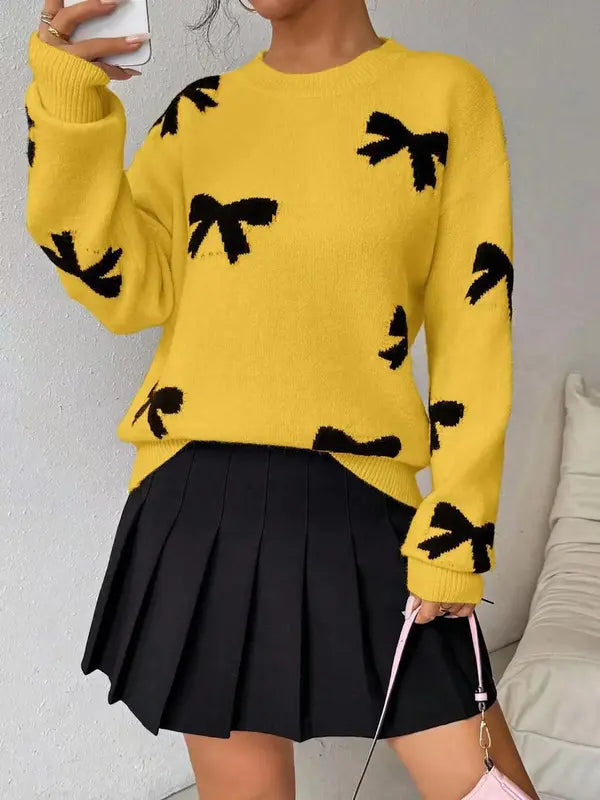 Pull décontracté tricoté lâche imprimé nœud papillon à la mode, pull femme automne/hiver, nouveau pull tricoté à col rond et manches longues