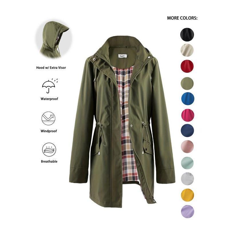 Trench-coat à capuche zippé de couleur unie pour femme, à cordon de serrage, manches longues, imperméable, coupe-vent, doux, confortable, décontracté, adapté au printemps, à l'automne, aux tenues quotidiennes et aux sorties