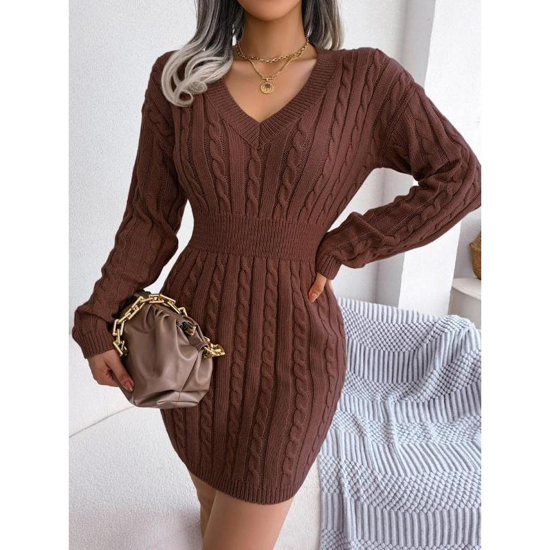 Robe pull en tricot torsadé douillet à col en V pour femme – Robe longue texturée douce à épaules tombantes pour l'automne et l'hiver