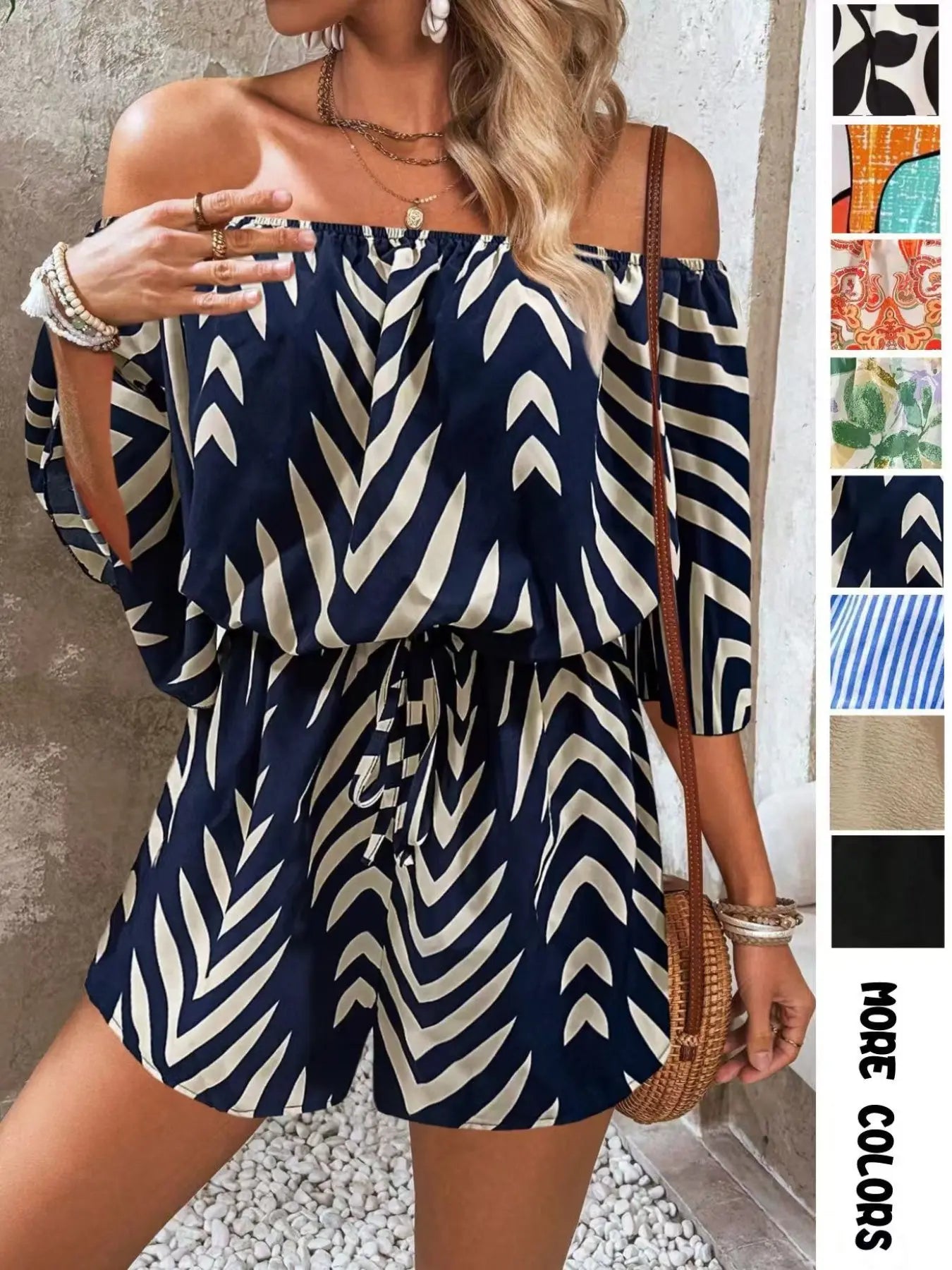 Combishort Femme à Imprimé Feuillage Épaules Dénudées et Nœud sur le Devant, Combinaison Décontractée à Manches Volantes pour l'Été, Vêtements de Mode pour Femme pour Vacances à la Plage