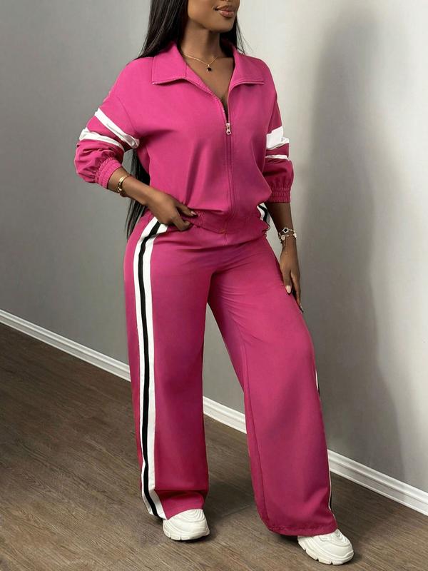 Ensemble Veste Zippée & Pantalon Large Rayé pour Femme, Style Urbain & Décontracté, Costume Deux Pièces pour Usage Quotidien