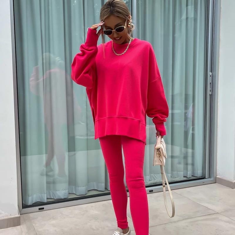 Ensemble deux pièces oversize pour femme - Sweat-shirt à ourlet fendu et pantalon skinny, pull décontracté à col rond et manches longues, vêtements pour femme pour l'automne et costumes d'hiver basiques, Gamis pour femme