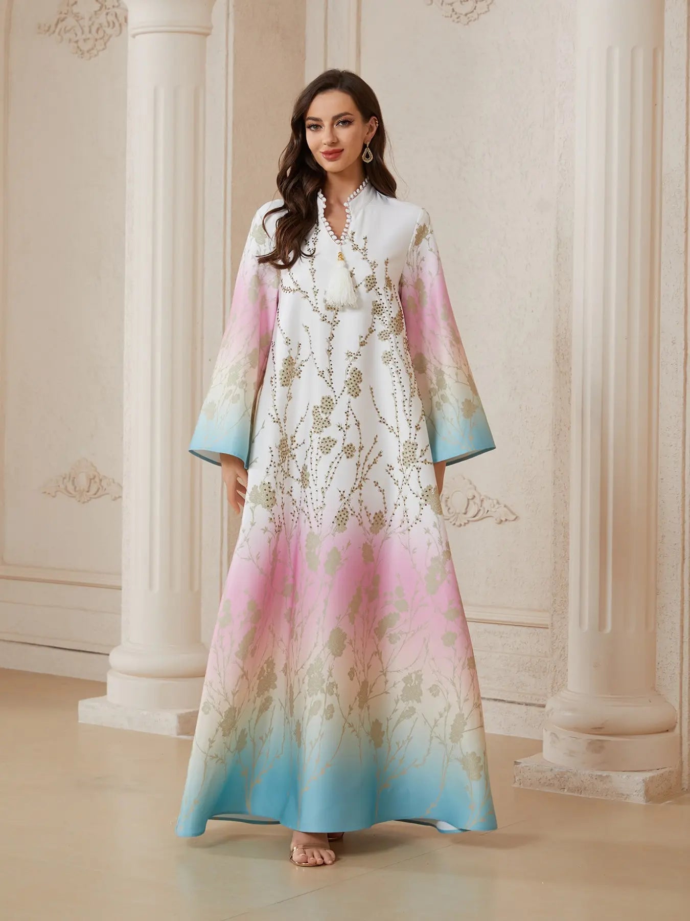 Robe longue à col en V pour femme, djellaba trapèze ample toutes saisons, tissu extensible doux 75D, vêtement arabe élégant