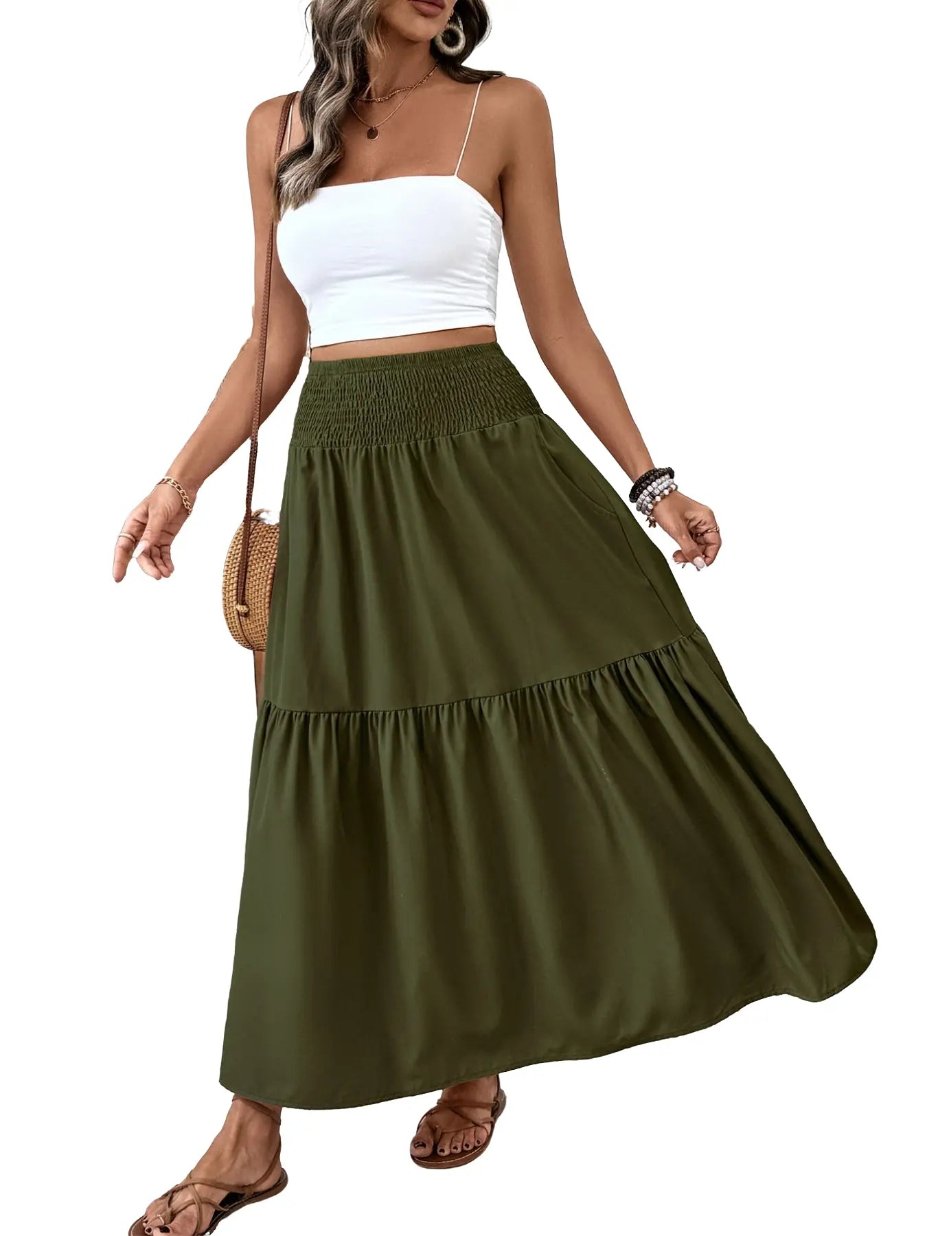 Jupe trapèze décontractée fleurie pour femme, taille élastique, poches, ourlet feuille, jupe longue ajustée, robe mi-longue tendance