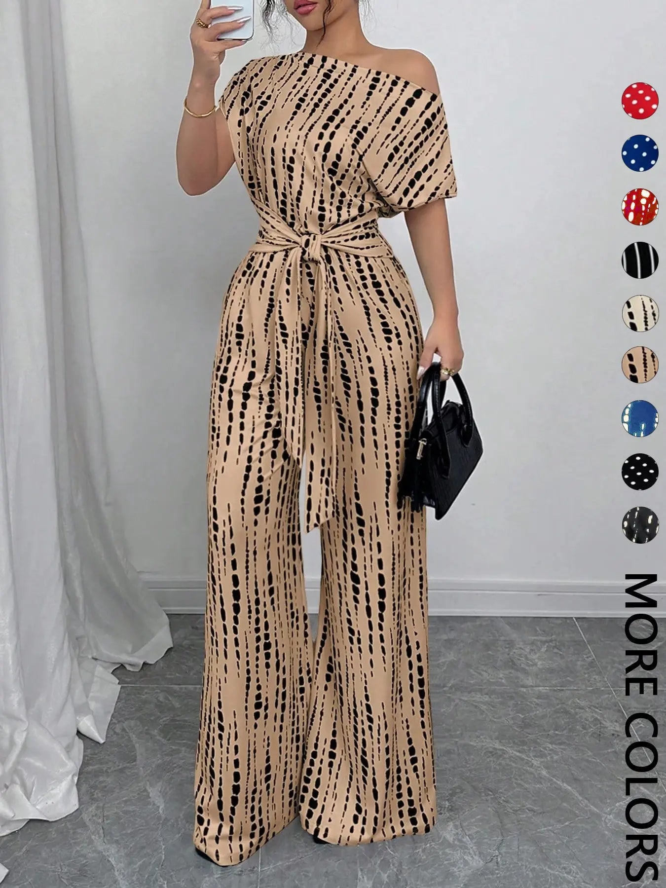 Combinaison Femme à Imprimé Intégral avec Nœud sur le Devant, Combinaison Décontractée à Col Asymétrique pour le Printemps et l'Automne, Vêtements pour Femmes à Porter au Quotidien