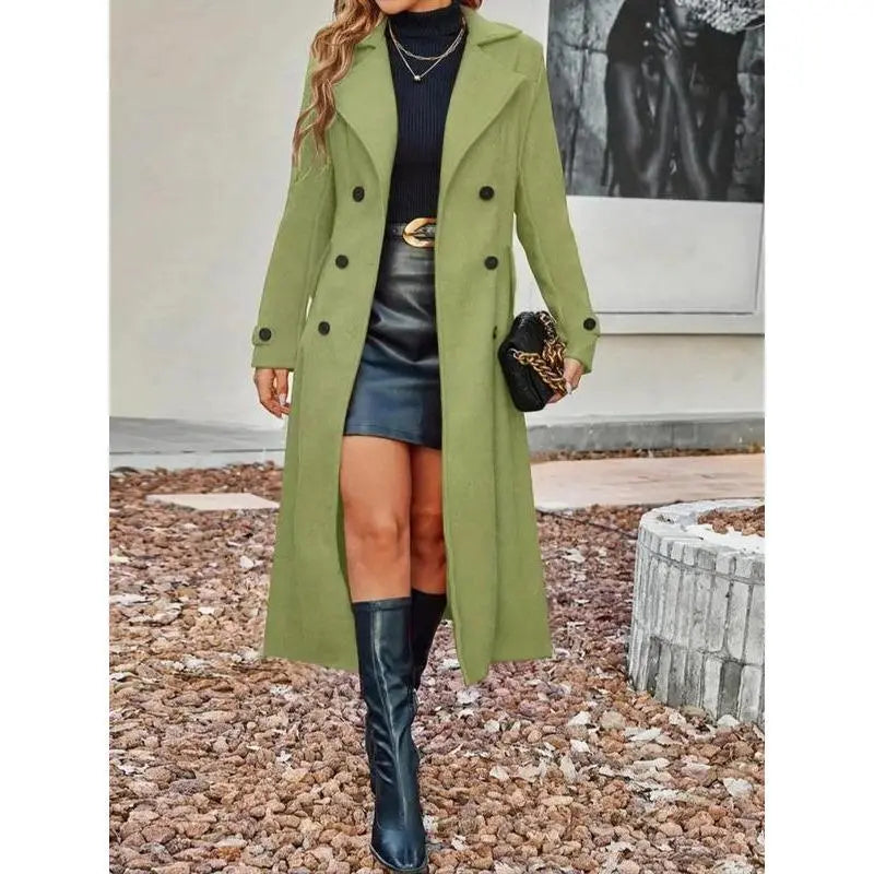Manteau mi-long en laine mélangée d'hiver pour femme avec revers cranté et double boutonnage, manteau en laine unie à double bouton pour femme, manteau long élégant à manches longues pour femme, gris
