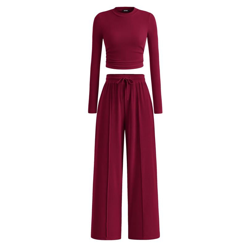 Ensemble de salon assorti 2 pièces en tricot côtelé : haut court à manches longues et pantalon large