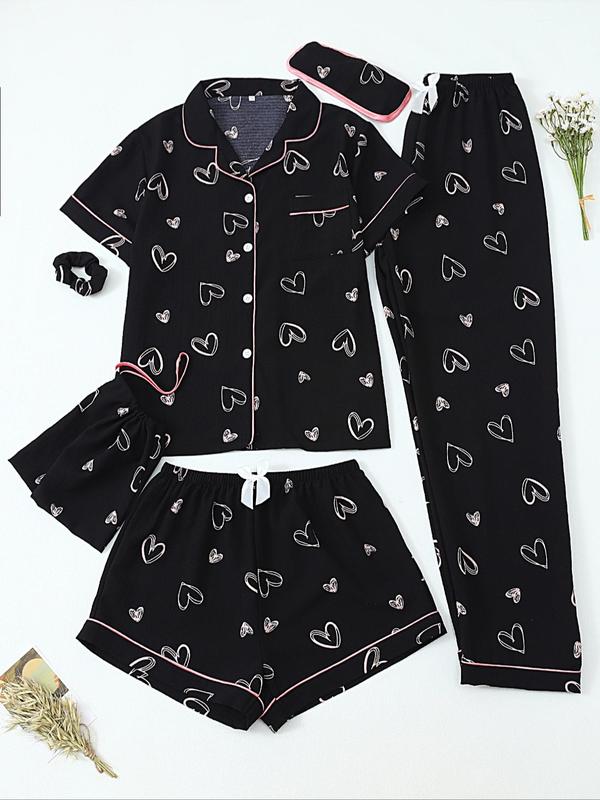 Ensemble de pyjama pour femme avec haut, short, pantalon et accessoires imprimés, ensemble de pyjama décontracté et confortable, vêtements de nuit pour femmes pour toutes les saisons