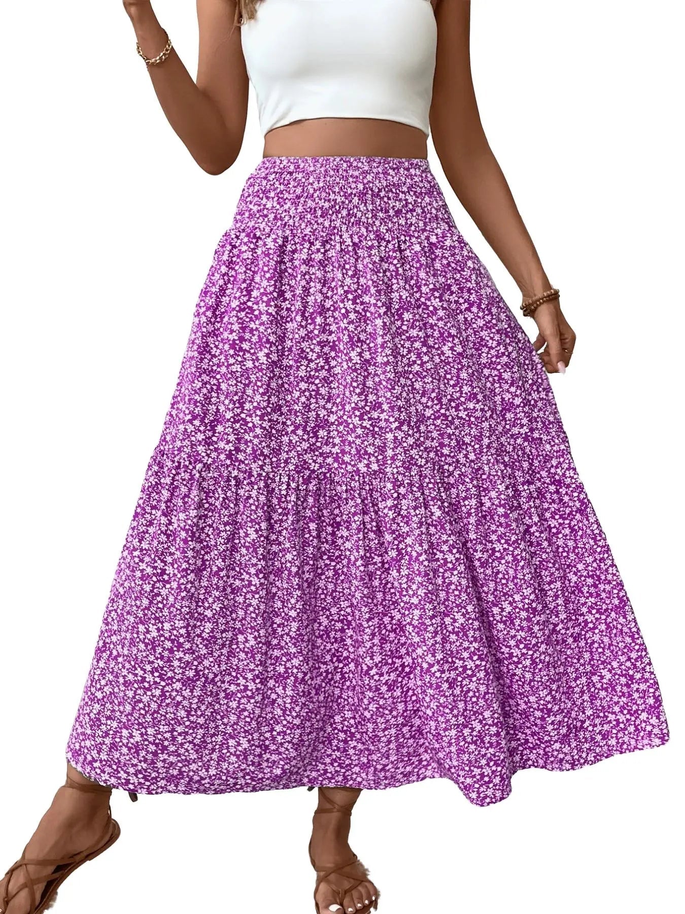 Jupe trapèze décontractée fleurie pour femme, taille élastique, poches, ourlet feuille, jupe longue ajustée, robe mi-longue tendance