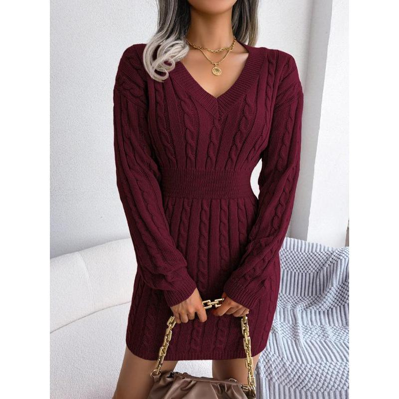 Robe pull en tricot torsadé douillet à col en V pour femme – Robe longue texturée douce à épaules tombantes pour l'automne et l'hiver