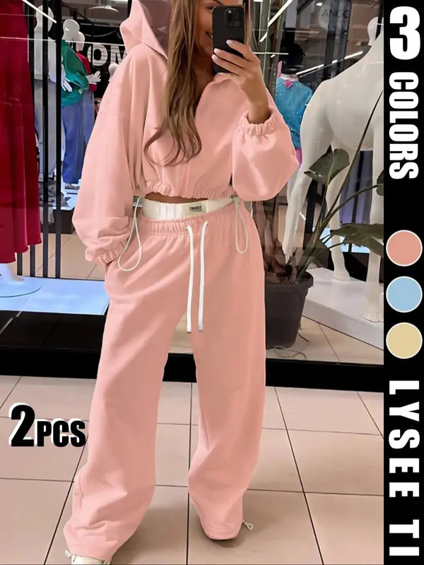 Ensemble ample à capuche avec cordon de serrage taille, couleur unie, style sport décontracté pour femme