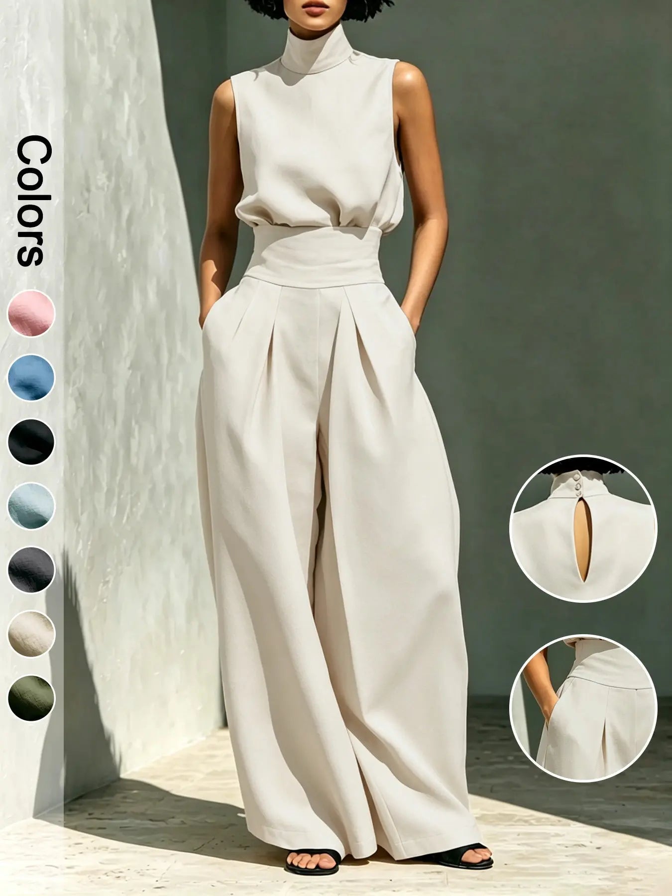 Ensemble deux pièces pour femme, haut sans manches à col montant et pantalon long, ensemble élégant avec pantalon large taille haute, tenue tendance pour femme