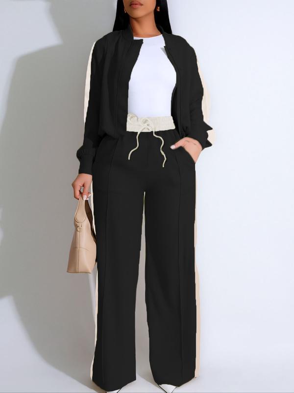 Ensemble deux pièces pour femme avec haut patchwork et pantalon large, ensemble décontracté à manches longues et pantalon pour usage quotidien, vêtements d'été pour femmes