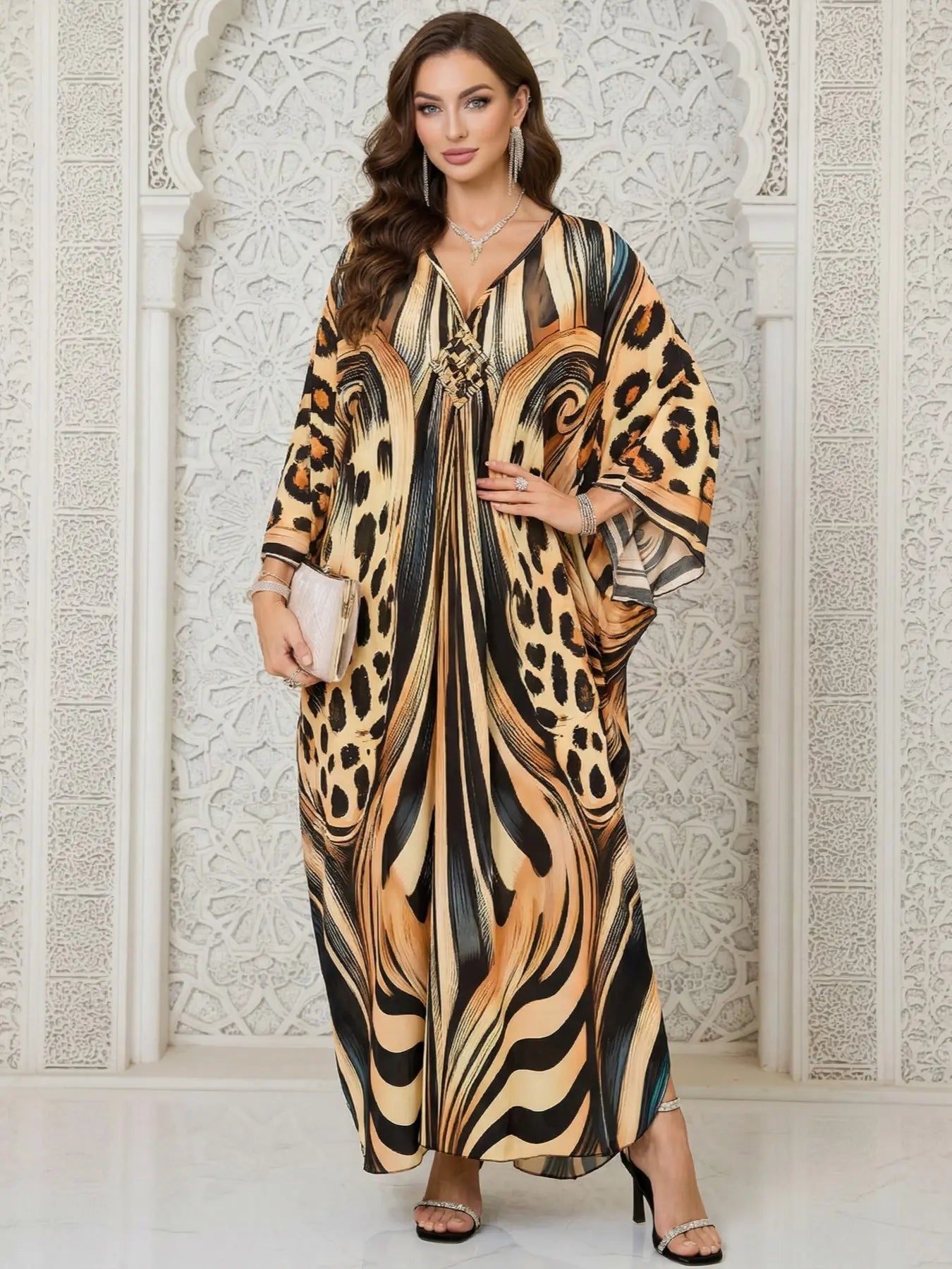 Robe Kaftan fendue à manches chauve-souris et imprimé léopard pour femme, style décontracté et modeste, col en V, manches 3/4, longue robe pour l'automne et l'hiver, vêtements islamiques pour femme pour usage quotidien
