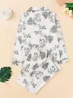 Two-Piece Set Women's All Over Print Button Front Pocket Lapel Shirt & Elastic Waist Pants Pyjama, Casual Comfy Long Sleeve Top & Trousers PJ Set, Women's Sleepwear for Spring & Fall